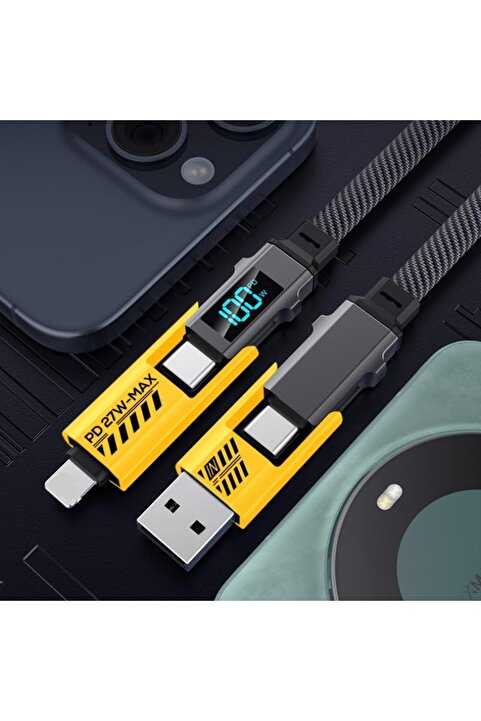 Zilvana 4'ü 1 Arada Hızlı Şarj Kablo USB-A/Type-C, Type-C/Lightning PD 27W Siyah-Sarı