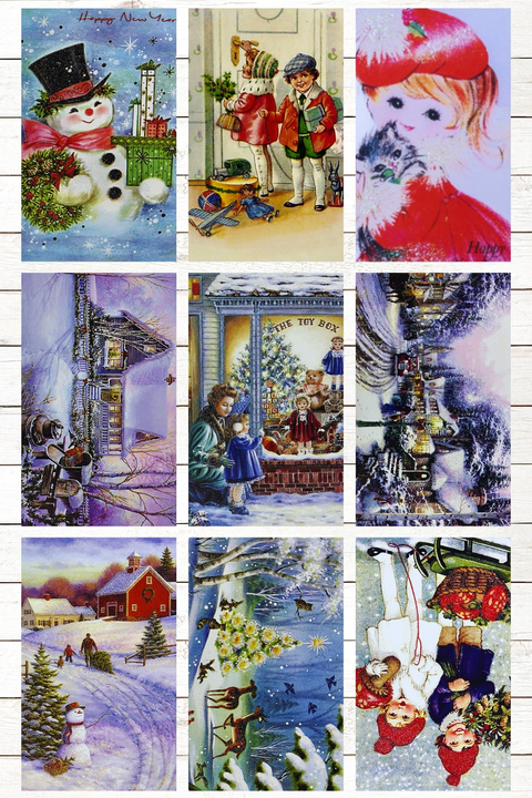 Bimotif 9lu Simli Yılbaşı Kartpostal Seti (Vintage)