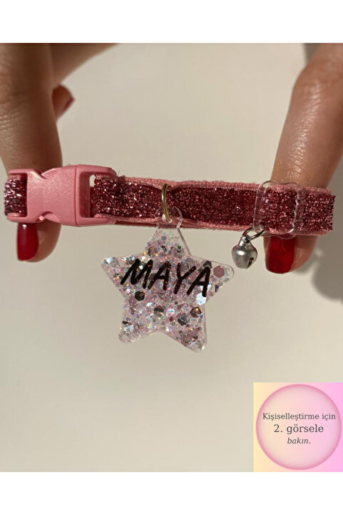VenüsTakı "yıldız" Şeklinde Pembe Tasma - Zilli - Sugar Pink Glitter - Isimli Kedi/ Küçük Irk Köpek Tasması