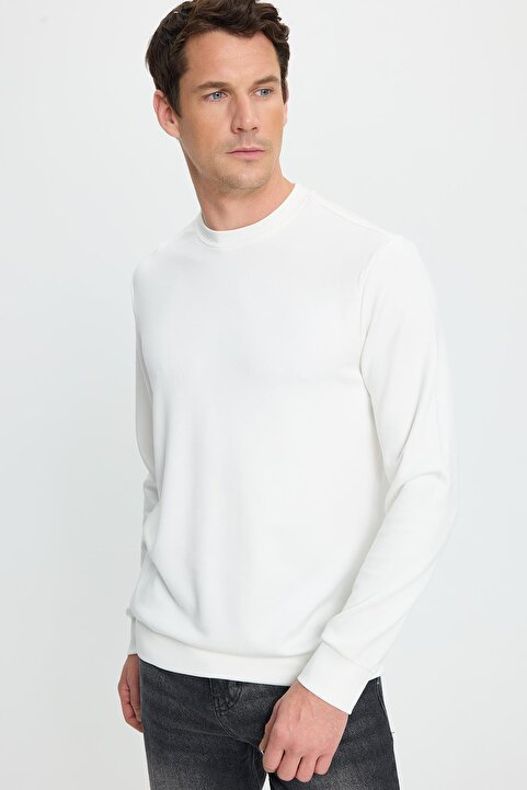 Tudors Erkek Relax Fit Rahat Kesim Uzun Kollu Ekstra Soft Modal Kumaş Bisiklet Yaka Ekru Sweatshirt