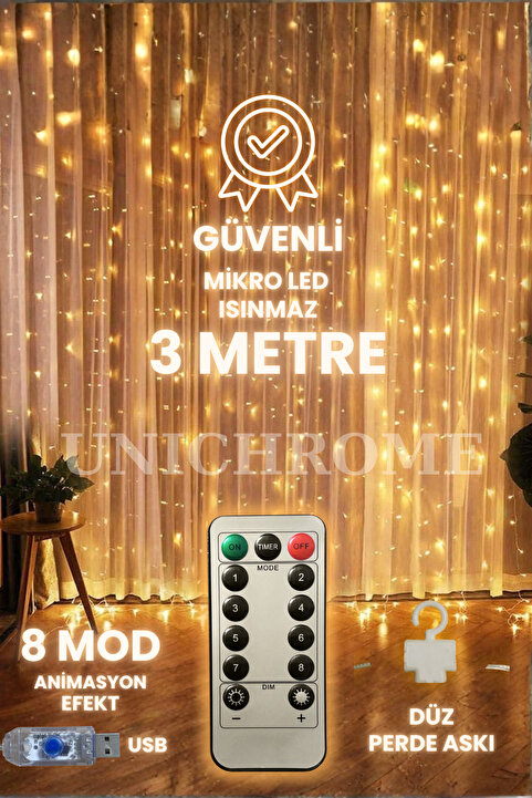 Unichrome 300 Ledli 10 Sarkıt Perde Led Işık Yılbaşı Oda Dekorasyon 8 Fonksiyon, Kumandalı, 3x3 Mt, Düz Askı