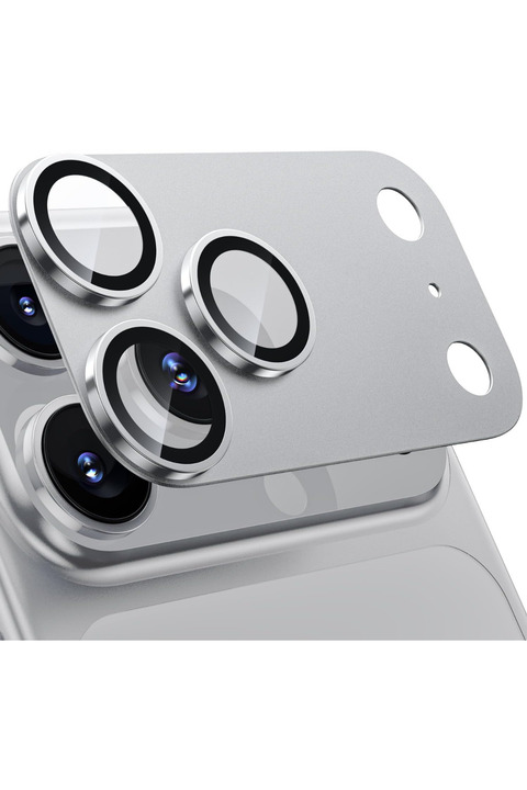 KVK PRİVACY iPhone 17 Pro Max Uyumlu Metal Çerçeveli Tam Kaplayan Safir Cam Kamera Lens Koruyucu Silver