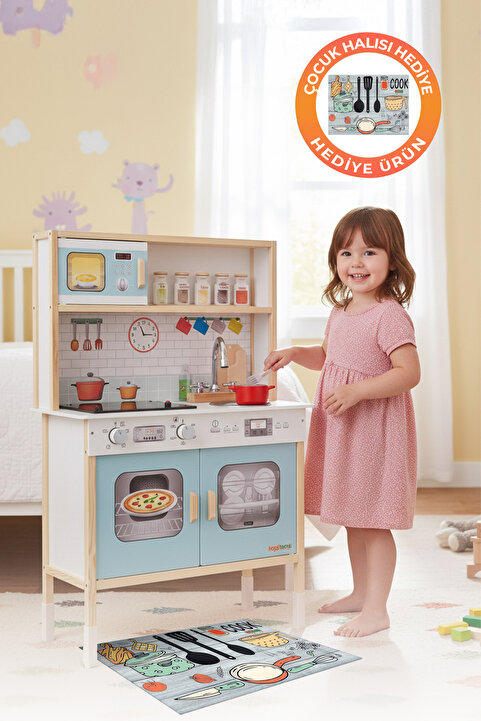 ROZİTOYS Ahşap Oyuncak Mutfak Montessori Led Ocaklı Mutfak, Çocuk Mutfağı, Hediye Halı DBG102