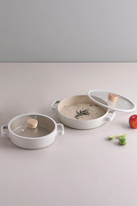 NEOFLAM Fika Cam Kapaklı Seramik Kaplama Sahan Set 2'li 20/22 CM - Bej