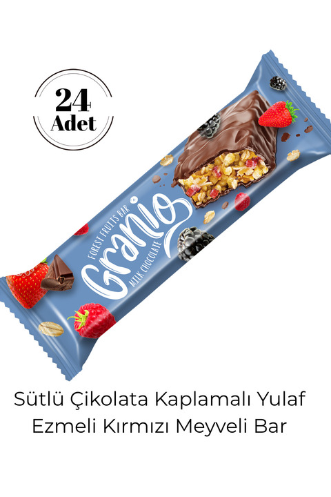 GRANIO Sütlü Çikolata Kaplamalı Yulaf Ezmeli Kırmızı Meyveli Bar 40 gr X 24 Adet