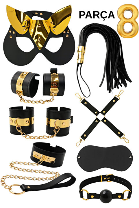 Good Miss Fantezi Set Kırbaçlı Tasmalı Peluşlu El kelepçesi Maskeli 8 Li Set Gold Altın Kemerli