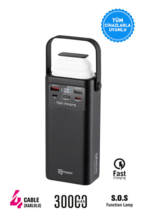 İntouch 30.000 Mah 22,5W PD Hızlı Kablolu Kamp Lambası Outdoor Serisi Powerbank Fast Led Lamba
