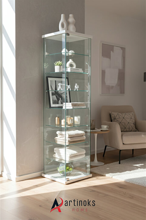 artinoks 7 Raflı Sade Cam Vitrin Beyaz Cam Vitrin Dolap - Camlı Veteriner Vitrini - Cam Veteriner Dolabı