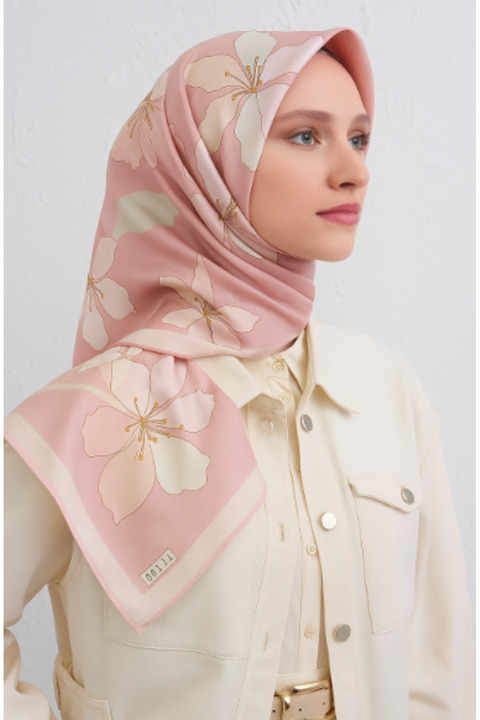 Belli Tivil Saf İpek Eşarp 4100 - 03 Soft Pembe Çiçek Desen