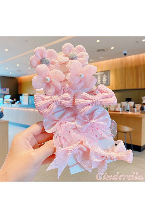 Cinderella 10'Lu Pembe Tonlu İncili Yumuşak Dokulu Çocuk Lastik Toka Seti Model-6