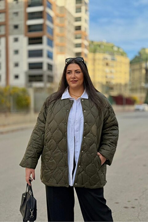 CHUL Kadın Oversize Çıtçıtlı Astarlı Şişme Mont - Haki - Büyük Beden Mont
