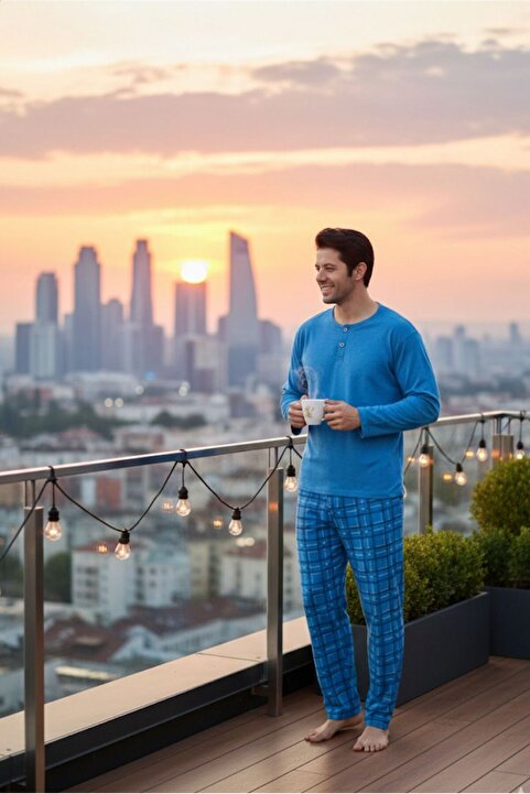 Sude HOMEWEAR Ercan Erkek Buz Mavi Üst Cepli Alt Kareli Pjm Tkm