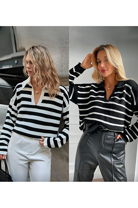 Jose Clothing Kadın Polo Yaka Siyah Beyaz Çizgili Triko Kazak Ikili Set