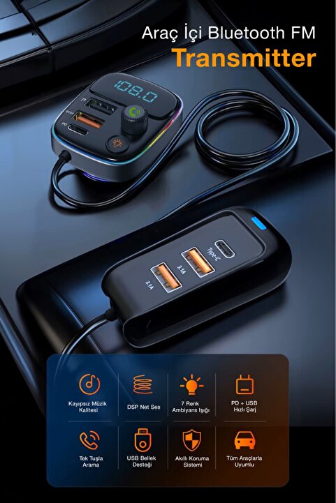 Kensa PD 30W Hızlı Şarj & RGB LED Işıklı Araç FM Transmitter | 6 Multi-Port | 5V 3.1A USB | 1M Kablolu