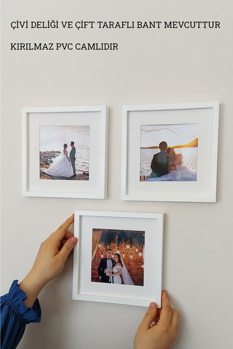 hobicehayaller PVC Camlı 20x20 CM Sök-tak Anı Çerçevesi! Yapışkanlı Kare Pasportulu 3 Lü Çerçeveler
