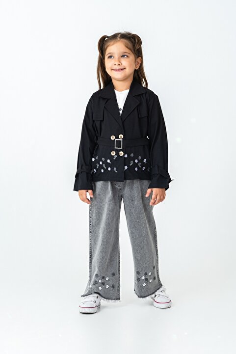 CLOUDY WEAR&DESİGN Kız Çocuk Nakış Detaylı Pembe Trençkot&Çiçekli Jean&Tişört 3'lü Takım