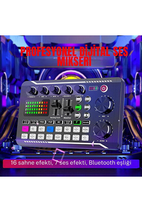 TeknoFaji Profesyonel Ses Mikseri Stüdyo Kayıt Canlı Yayın Bluetooth, Şarjlı Dj Mikrofon Bağlantılı