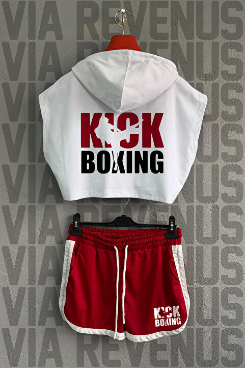 Vordevia Kick Boxing Baskılı %100 Pamuk Kapüşonlu Sıfır Kol Crop ve Özel Jarse Kumaş Şort Kadın Spor Takımı