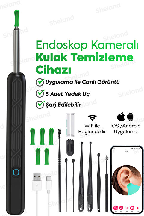 Sheland Smart Ear Cam Pro WiFi Akıllı Kameralı Kulak Temizleme Cihazı 1296P HD LED Otoskop – iOS/Android