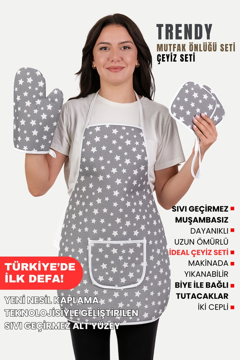 sevilya Trendy 3lü Set Su Geçirmez Mutfak Önlüğü Çeyiz Seti Isıya Dayanıklı Fırın Eldiveni Ve Tutacak Takımı