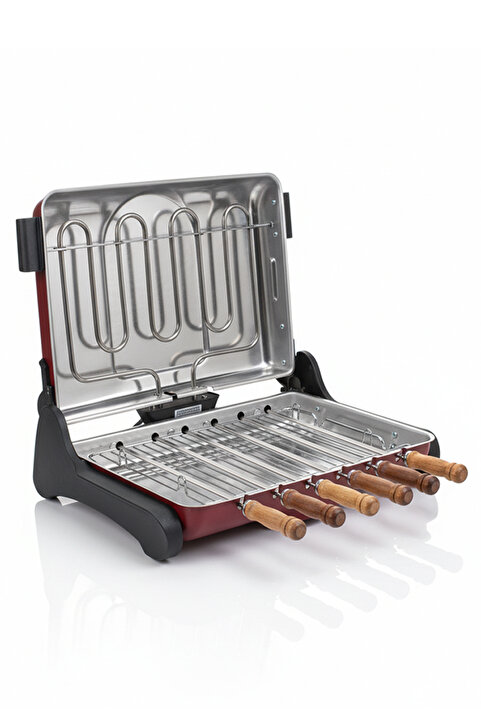 Akel AB670 1200W Kırmızı Elektrikli Izgara, Kokusuz & Dumansız Mangal, Barbekü, 6 Krom-Nikel Kaplama Şiş