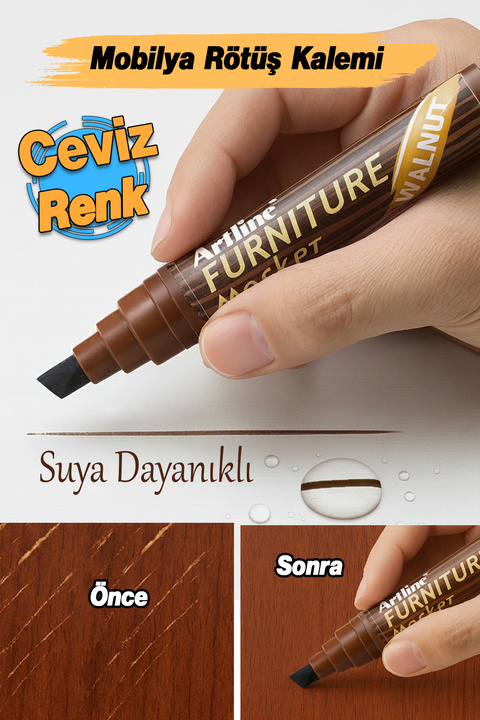 Badem10 Ceviz Renk Çizik Giderici Çatlak Kapatıcı Mobilya Rötuş Kalemi Ahşap Masa Parke Dolap Kalemi