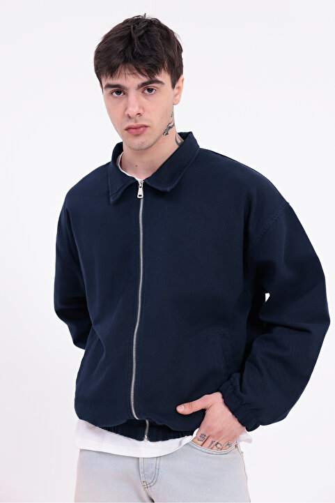 Montland Erkek Lacivert Gabardin Kumaş Fermuarlı Oversize Beli Lastikli Mevsimlik Ceket