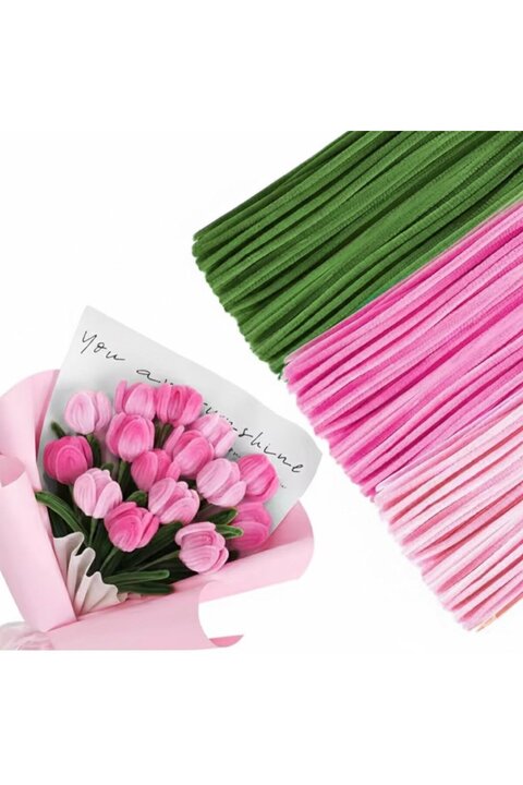 Hobialem 75 Adet 3'lü Şönil Şeker Pembe , Soft Pembe ve Haki Yeşil ,Çiçek Yapımına Uygun Tüylü Tel