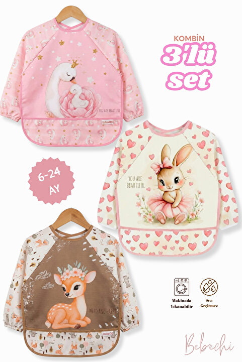 Bebechi 3 Lü Kombin(TAVŞAN-CEYLAN-KUĞU) Set (SIVI GEÇİRMEZ) Aktivite ve Mama Önlüğü 6-24 Ay