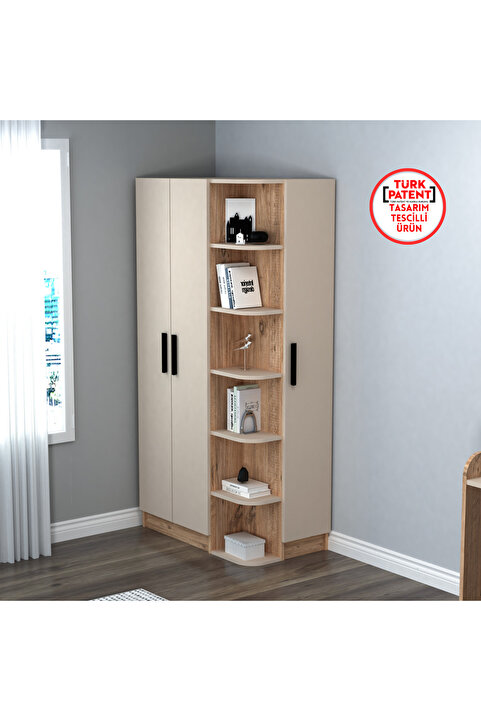 Arnetti Luses 90 cm 3 Kapaklı Gardırop Atlantik Çam Bej | 11 Raflı Elbise Kıyafet Dolabı