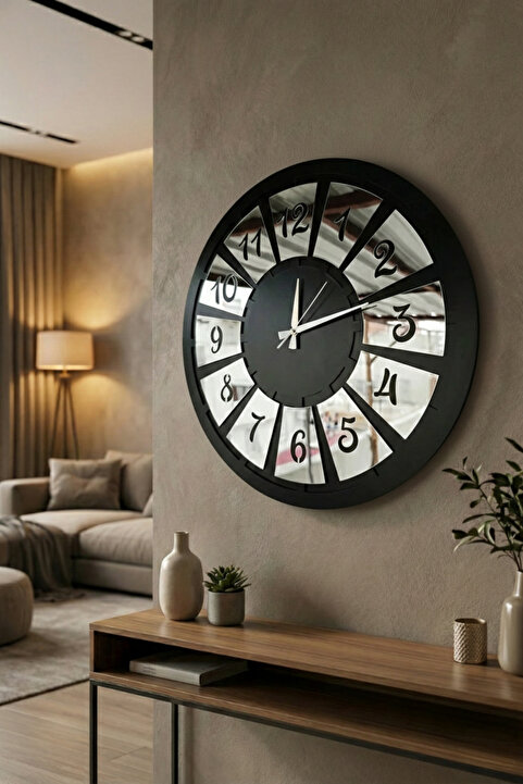 AA Shop Siyah Renk Gümüş Sayılı Hediyelik Ahşap Dekoratif Farklı Desenli Ev Hediyelik Duvar Saati 50cm