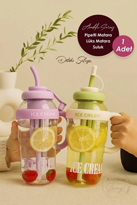 Anadolu Saray Ice Bottle Pipetli Matara 1300 ml – Sızdırmaz Lüks Suluk ve Detoks Şişesi