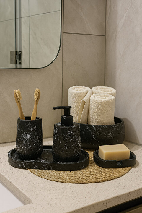 Zigzag Home Dekoratif 5 Parça Mermer Desen Geometrik Banyo Seti Sıvı/Katı Sabunluk Diş Fırçalık Tepsi Havluluk