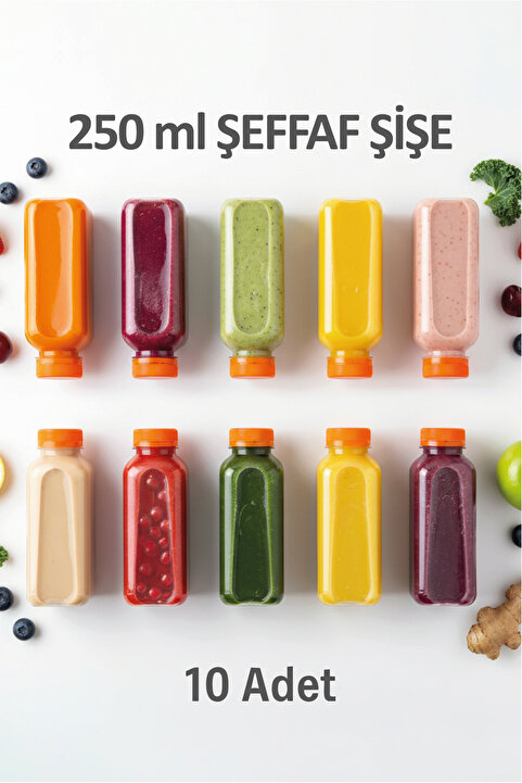 M&B WATER BOTTLE 10'lu Boş Meyve Suyu Şişesi - 250 ml Turuncu Kapaklı Smoothie ve Ayran Şişesi