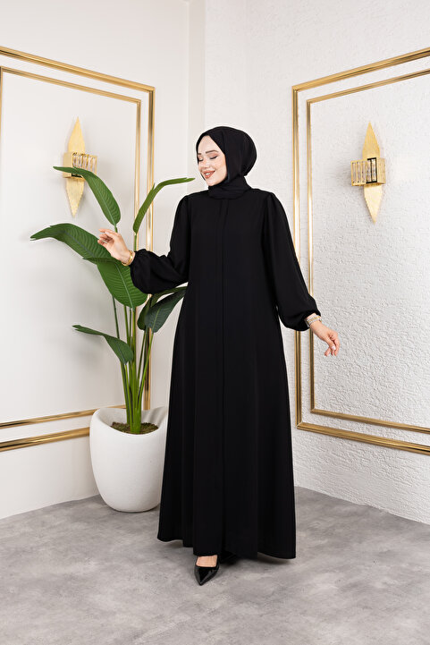 gülmedine Medine İpeği Balon Kollu Düz Kesim Ferace Abaya – 4 Mevsim Şık Tesettür
