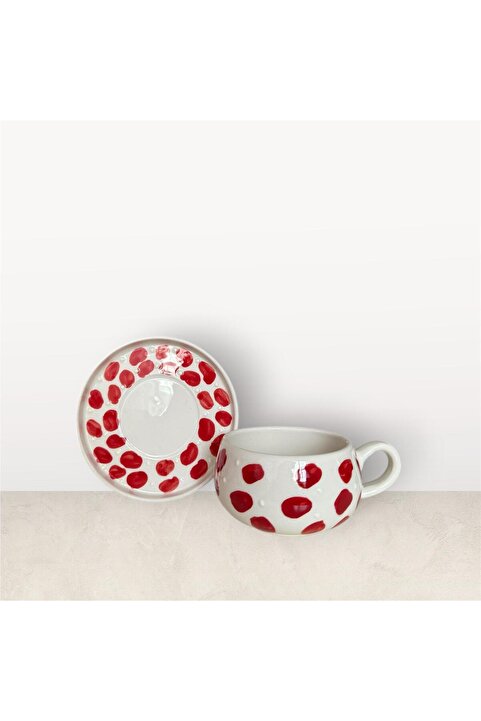 evlashop Kırmızı Seramik Tabaklı Fincan/Kupa/Mug
