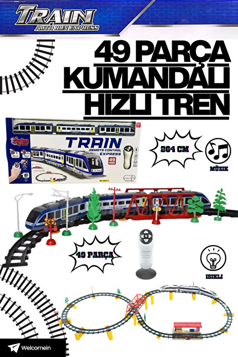 welcomein 49 Parça Uzaktan Kumandalı Pilli Sesli Işıklı 264 cm Hızlı Tren Set ve Kavisli Ağaç İşaretli Oyuncak