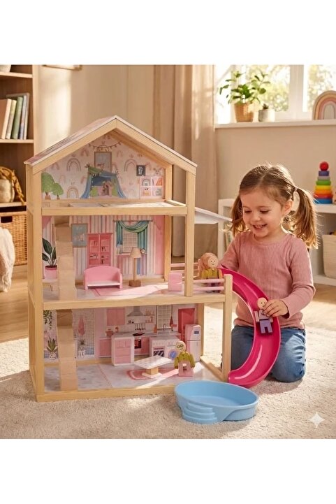 Toysilla Ahşap Bebek Evi - 3 Katlı, Full Eşyalı, 3 adet insan figürü Kaydıraklı ve Havuzlu Oyun Seti