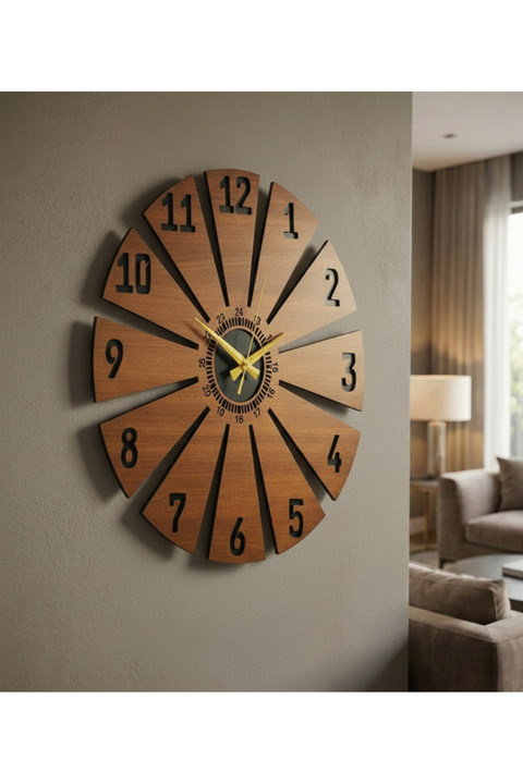 AA Shop Ahşap Ceviz Mobilya Renk Desenli Yılbaşı Hediyelik Sessiz Duvar Saati 50cm