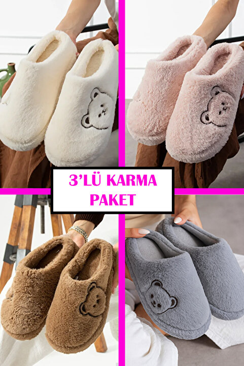 StWenn 3’lü Set Kışlık Peluş Ev Terliği Ayıcık Desenli Çeyiz Misafir Terliği Ses Yapmaz Ortopedik Taban