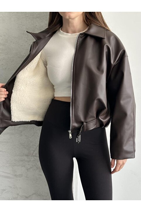 VESS MODA İçi Peluş Detaylı Kemerli Deri Ceket