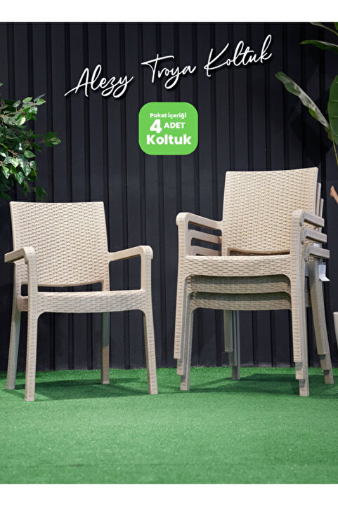 Alezy Troy Plastik Rattan Desenli Koltuk Kollu Balkon Bahçe Koltuğu 4'lü Set Krem