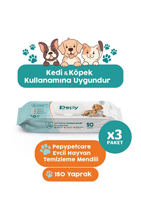 PEPY Kedi Ve Köpek Kullanımına Uygun Evcil Hayvan Temizleme Mendili 3 paket 150 Adet