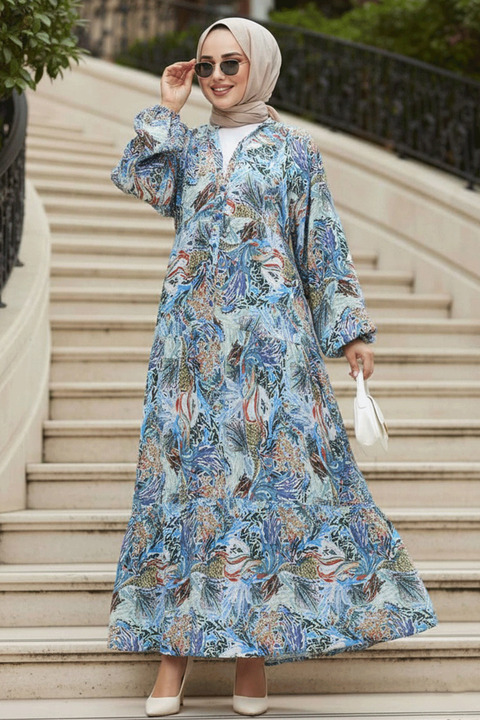 Neva Style Çiçek Desenli Mavi Tesettür Elbise 235805M
