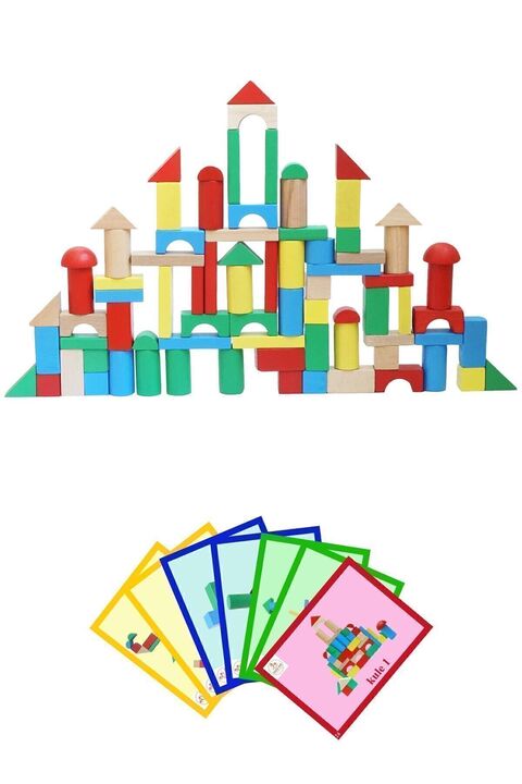 COCOTA TOYS Wooden Fun Ahşap Renkli Bloklar Ve Şekil Kartları (90 BLOK, 25 ŞEKİL KARTI)