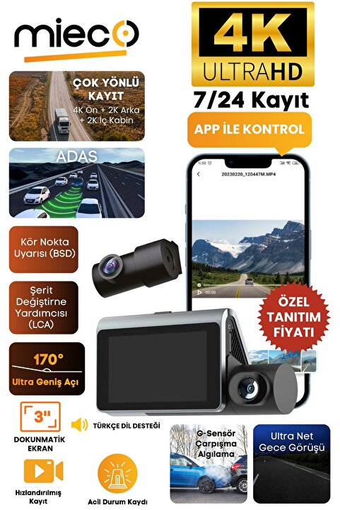 Mieco X18 Wifi /4K UHD/ 170° Ultra Geniş Açı/ ADAS/ G-Sensör / 3 Kameralı Araç Kamerası