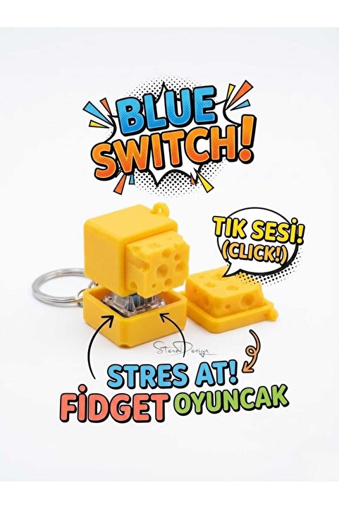SteraDesign Peynir Tasarımlı Mekanik Klavye Blue Switch Anahtarlık Hediyelik - Sesli Stres Oyuncağı (Fidget Toy)