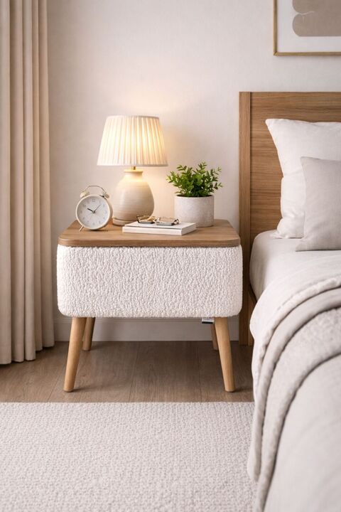 own home Nivo Sandıklı Komodin, Teddy Kumaş Kaplamalı Ahşap Ayaklı Modern Komodin