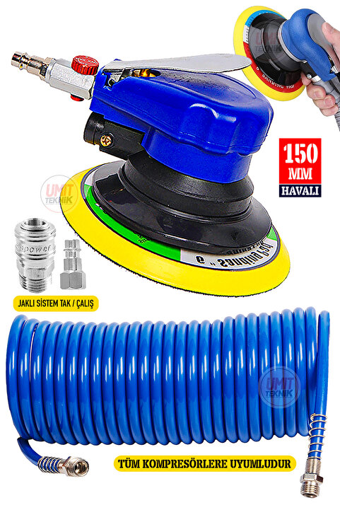 PROXTECH 15Metre | Spiral Hortum | Havalı 150MM Yüksek Devir Eksantrik Zımpara Makinesi Avuç İçi Zımpara Set