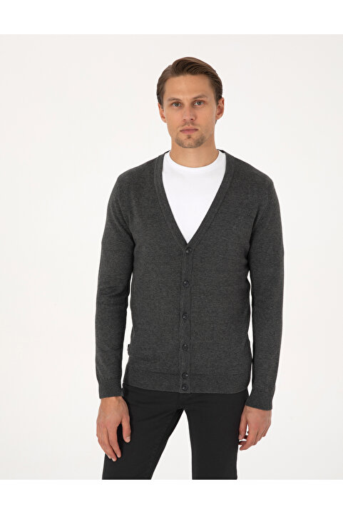 Pierre Cardin Koyu Gri Melanj Slim Fit Basic Düğmeli Triko Hırka 50317330-VR128